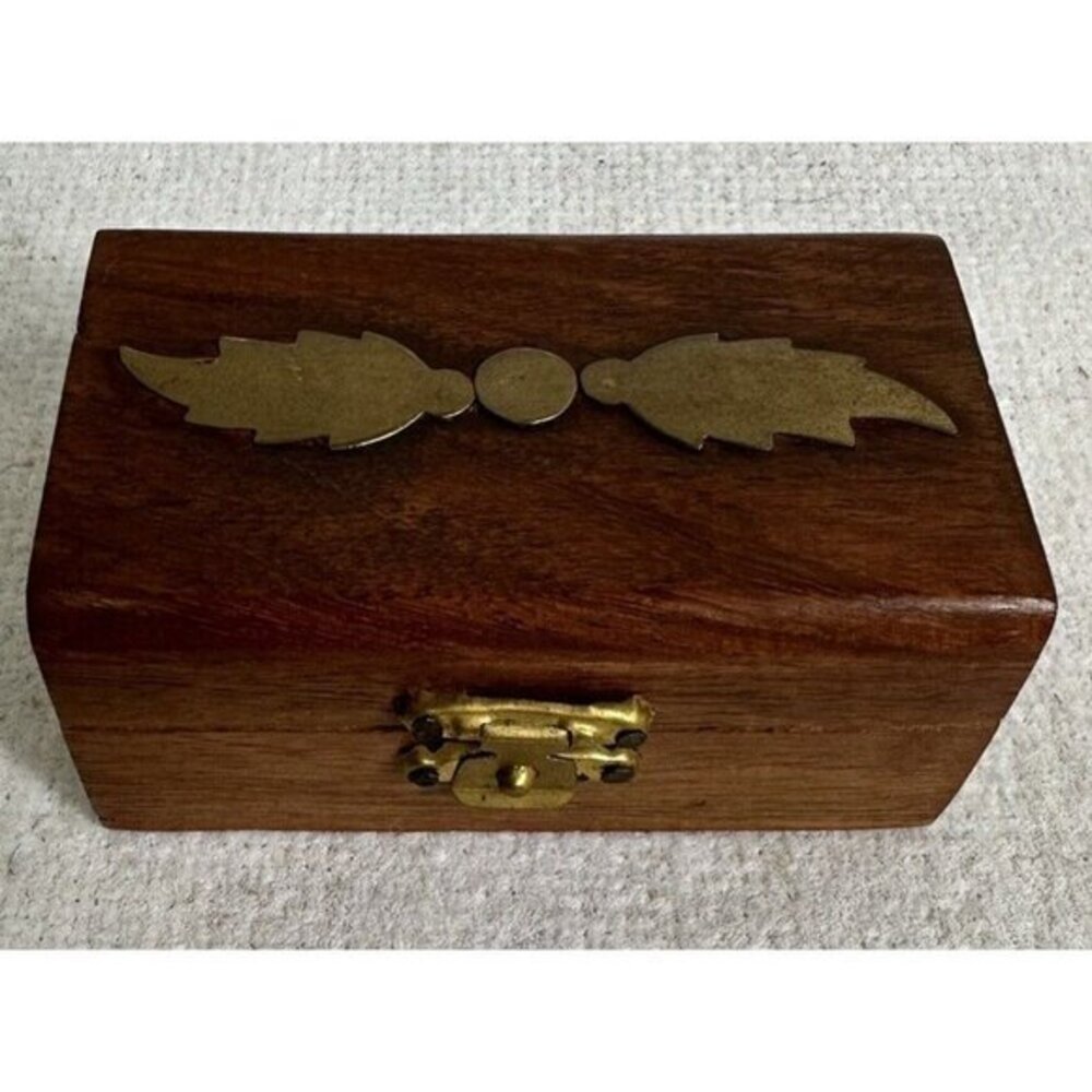 Wooden Brown Trinket Box With Metal Leave Inlay 3.5” Long